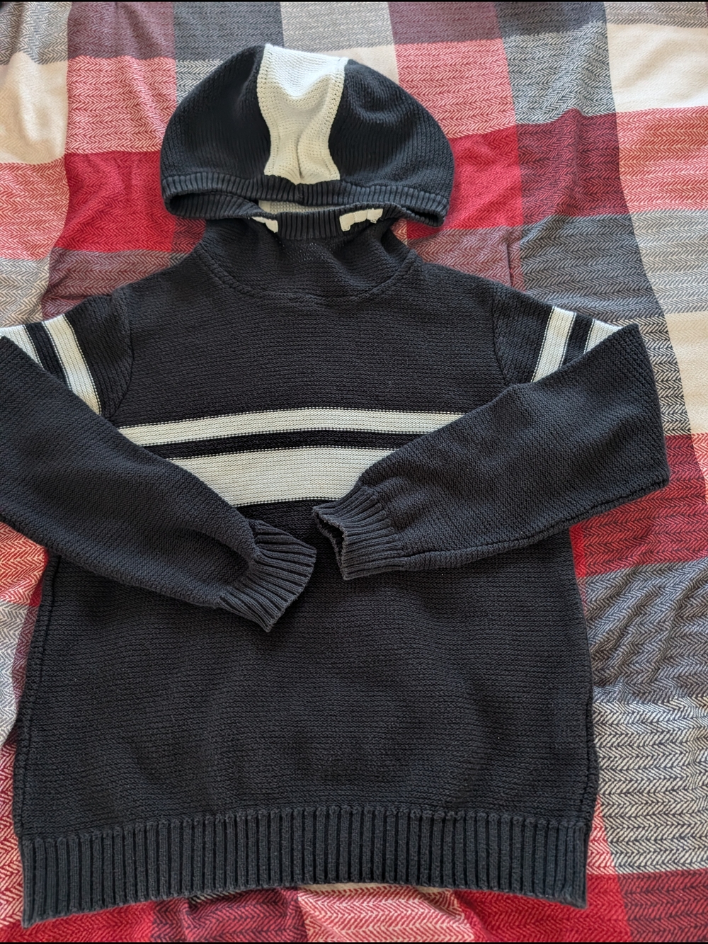 Kids Hooded Sweater with Stripe Detail - Black & Cream